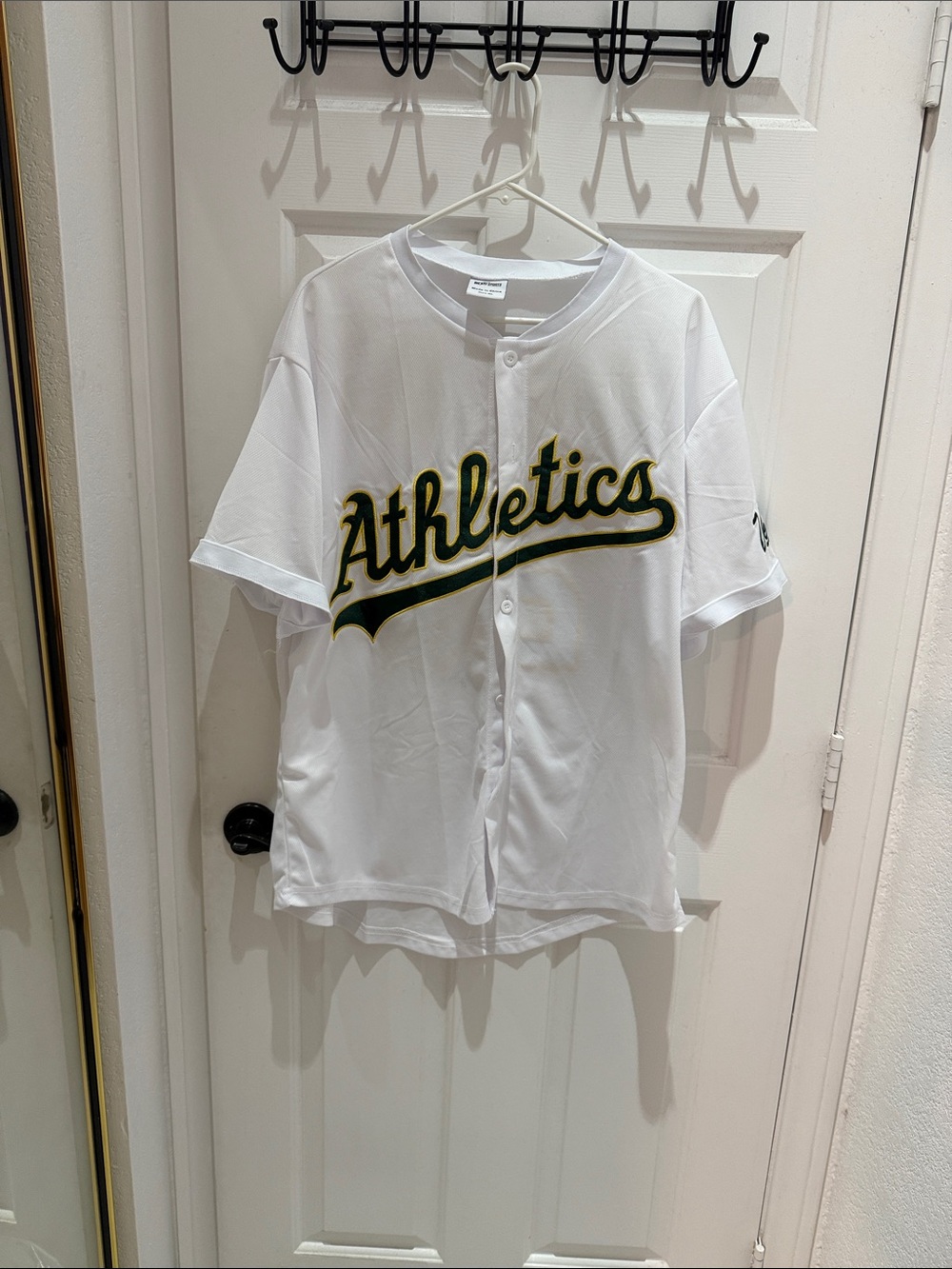 Athletics Button-Up Jersey Top in White with Green & Yellow Trim